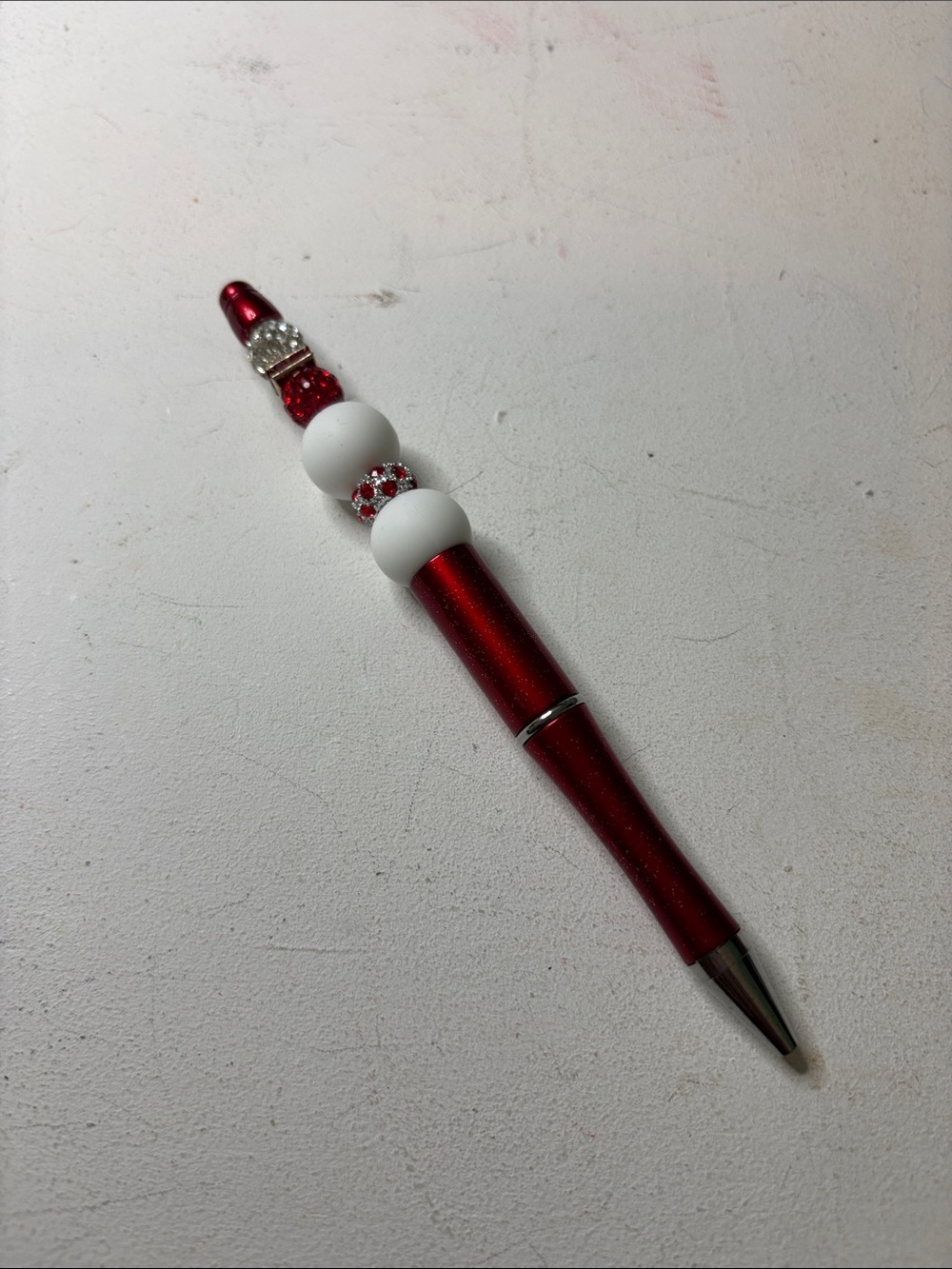 Red Decorative Ballpoint Pen with White Bead Accents